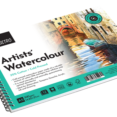 BRUSTRO Artist Watercolour Pad 25% Cotton 300 GSM A5 Wiro - 12 Sheets