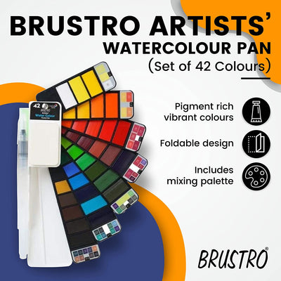 BRUSTRO Artist's Watercolour Paint Pan (Set of 42 Colors) with Artists Watercolour Paper 300 GSM, 25% Cotton, Cold Pressed, A4 (Pack of 12), A3 (Pack of 6) & A5 (Pack of 24)
