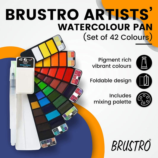 BRUSTRO Artist's Watercolour Paint Pan (Set of 42 Colors) with Artists Watercolour Paper 300 GSM, 25% Cotton, Cold Pressed, A4 (Pack of 12), A3 (Pack of 6) & A5 (Pack of 24)