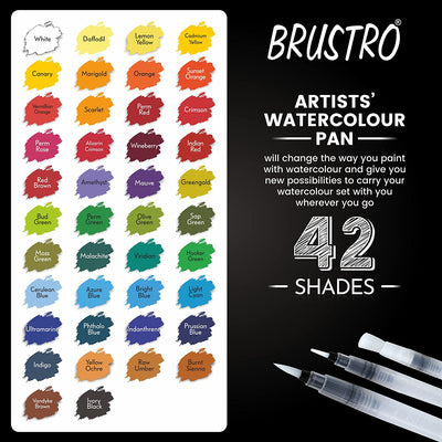 BRUSTRO Artist's Watercolour Paint Pan (Set of 42 Colors) with Artists Watercolour Paper 300 GSM, 25% Cotton, Cold Pressed, A4 (Pack of 12), A3 (Pack of 6) & A5 (Pack of 24)
