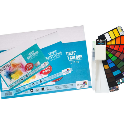 BRUSTRO Artist's Watercolour Paint Pan (Set of 42 Colors) with Artists Watercolour Paper 300 GSM, 25% Cotton, Cold Pressed, A4 (Pack of 12), A3 (Pack of 6) & A5 (Pack of 24)