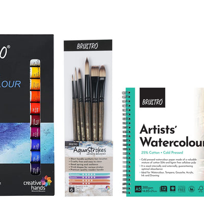 BRUSTRO Artists ’ Watercolour Set of 24 Colours X 12ML Tubes with 25% cotton 300gsm A5 spiral pad and Aqua Strokes brush set of 6