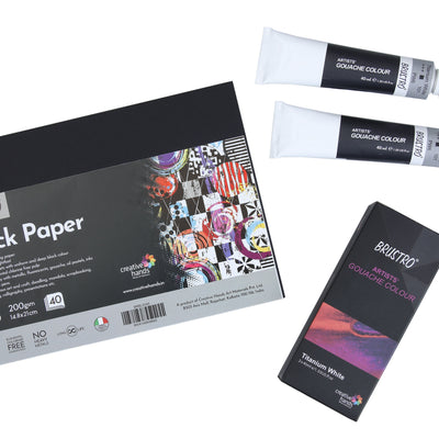 Brustro Gouache Titanium White Twin Pack 40ml Each, with Black Paper A5 40 Sheets
