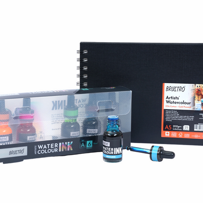 Brustro Watercolour Ink Set A of 6 x 15ml (6 Shades with Free Watercolour A5 Wiro Journal Worth Rs 399