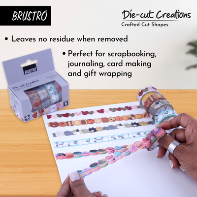 BRUSTRO Die-Cut Creations Washi Tapes | Set of 5 | 15 mm x 3 mtrs | Low Tack Adhesive, Ideal for Scrapbooking, Planners, Card/Gift Wrapping, DIY, Home Decor, Art & Craft Supplies