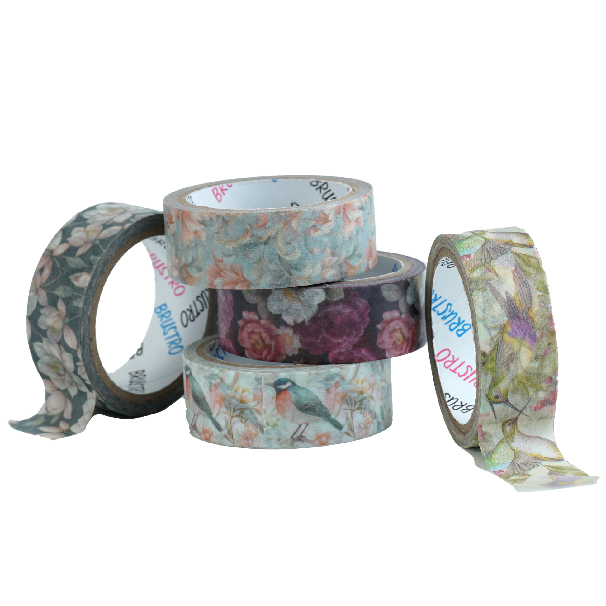 BRUSTRO Washi Masking Tapes |Flora and Fauna Shade|15 mm x 5 mtrs (Set of 5)| Low Tack Adhesive, Ideal For Scrapbooking, Watercolor, Planners, Card/Gift Wrapping, DIY Decor and Craft Supplies