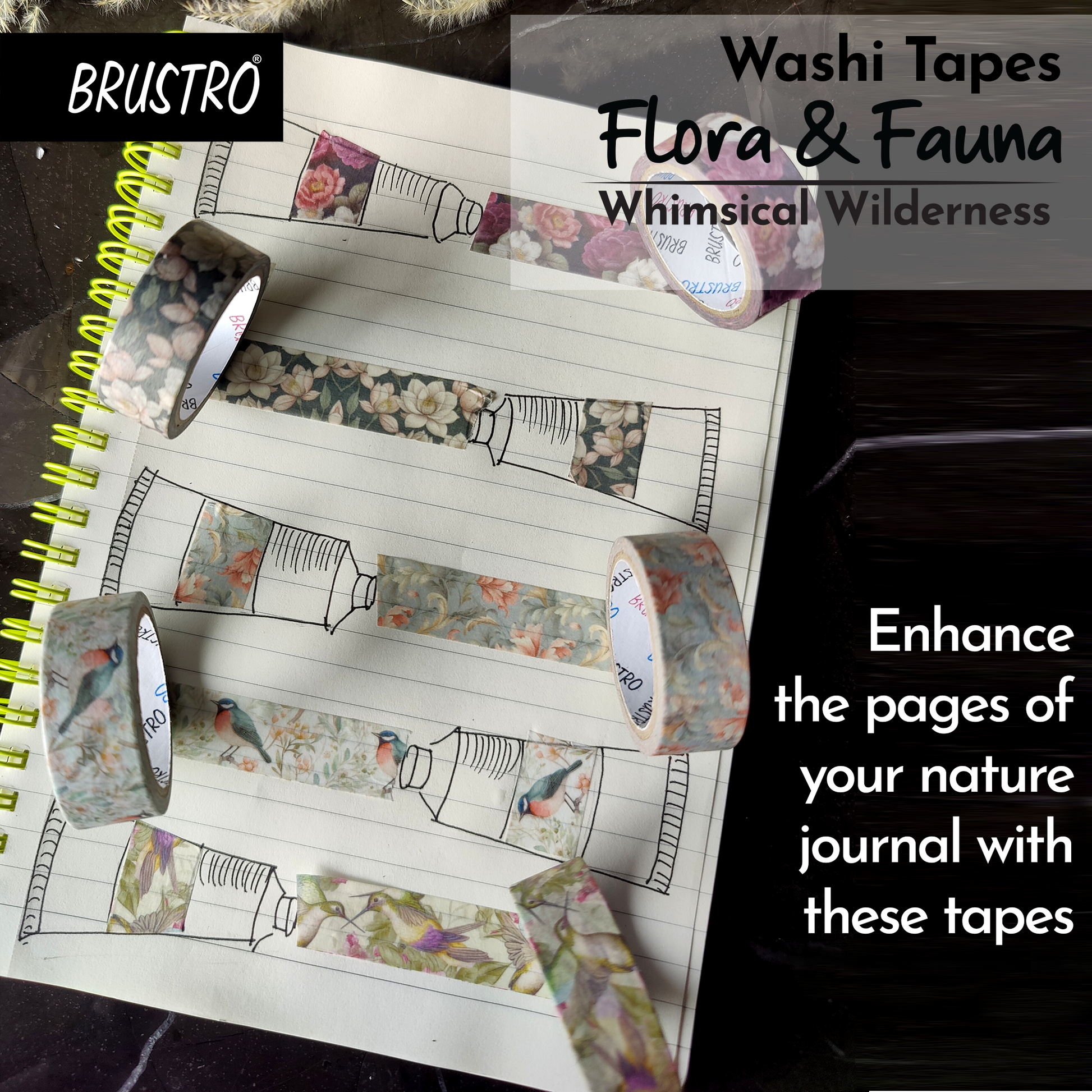 BRUSTRO Washi Masking Tapes |Flora and Fauna Shade|15 mm x 5 mtrs (Set of 5)| Low Tack Adhesive, Ideal For Scrapbooking, Watercolor, Planners, Card/Gift Wrapping, DIY Decor and Craft Supplies