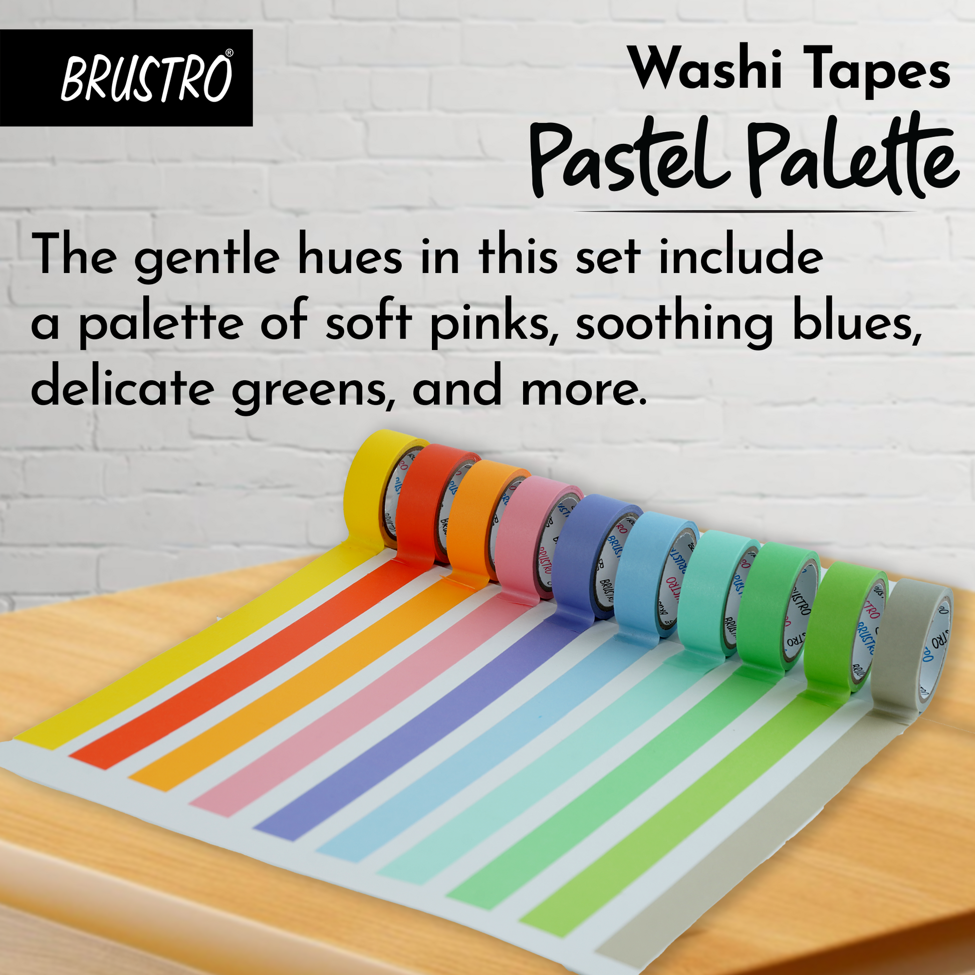 BRUSTRO Washi Tapes Pastel Palette Solids Shade, 15 mm X 5 mtrs (set of 10)