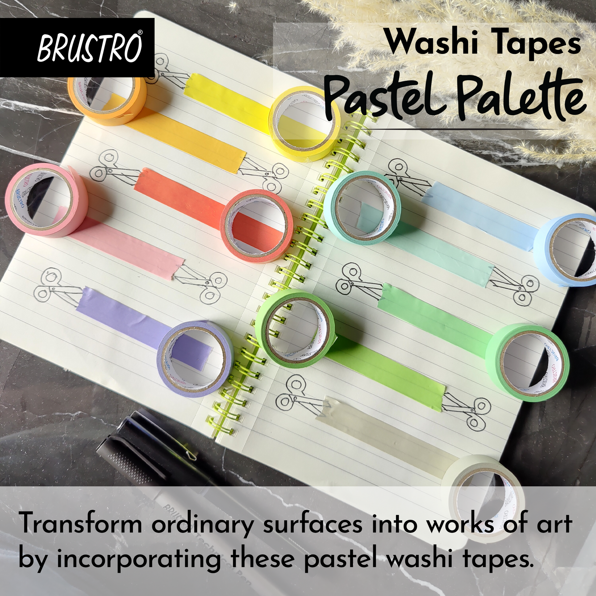 BRUSTRO Washi Tapes Pastel Palette Solids Shade, 15 mm X 5 mtrs (set of 10)