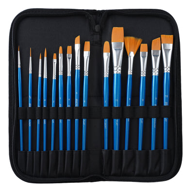 Brustro Synthetic Hair Short Handle Artists Brush Set of 15 in a Premium Zippered Brush Wallet