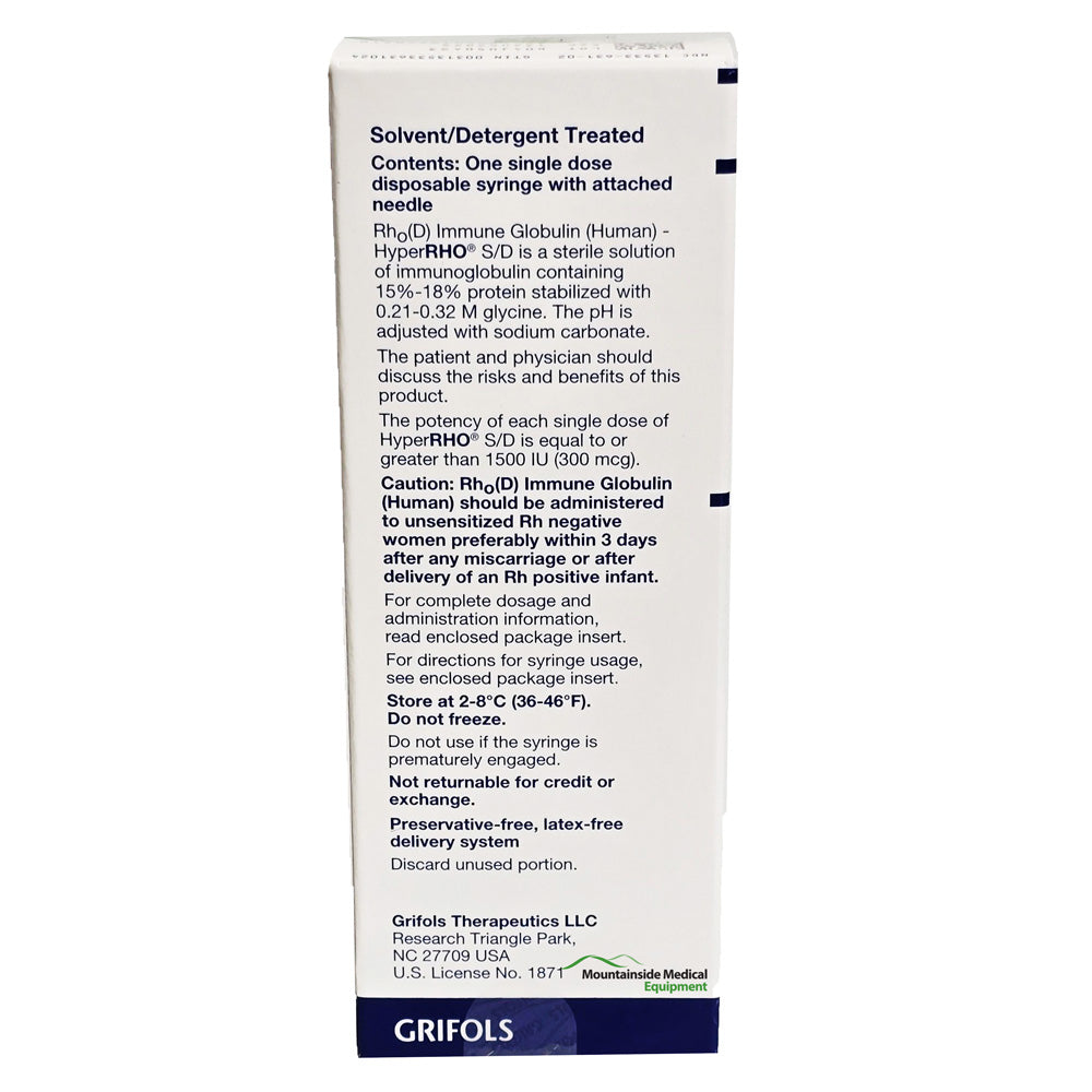 HyperRHO S/D WHS, Immune Globulin Full-Dose  300U (300 MCG) Prefilled Syringe 1/Box (Rx) *Refrigerated*