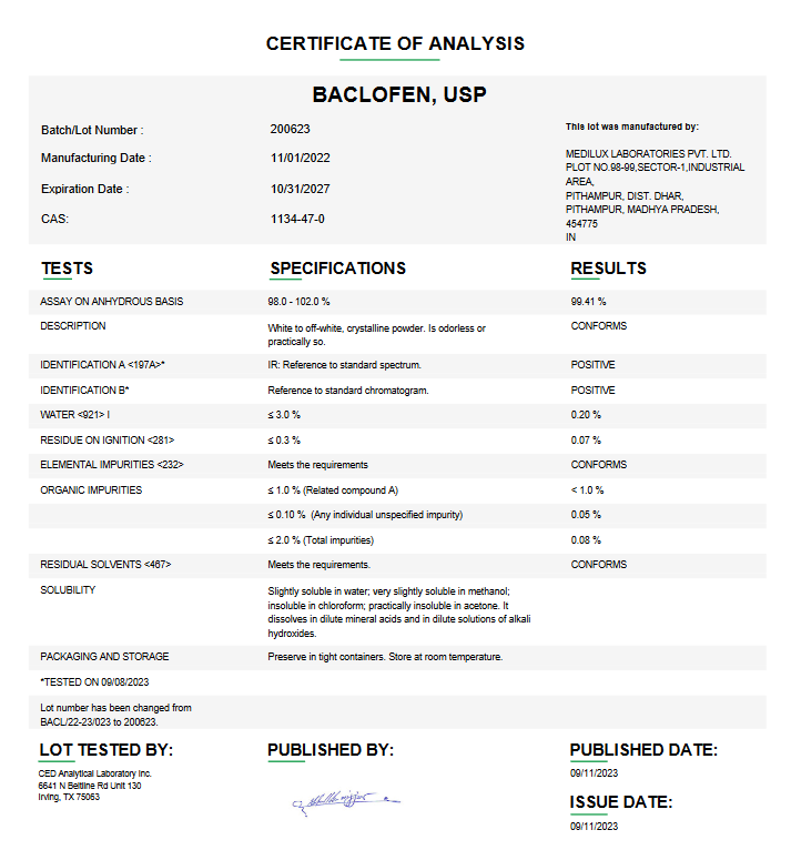 Baclofen USP For Compounding (API)  (Rx)