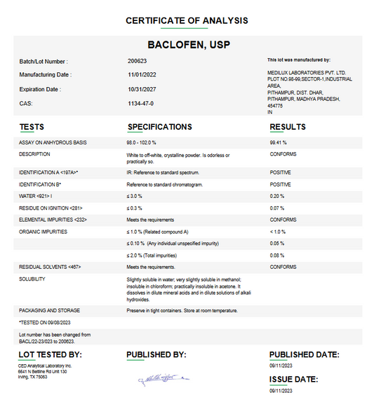 Baclofen USP For Compounding (API)  (Rx)