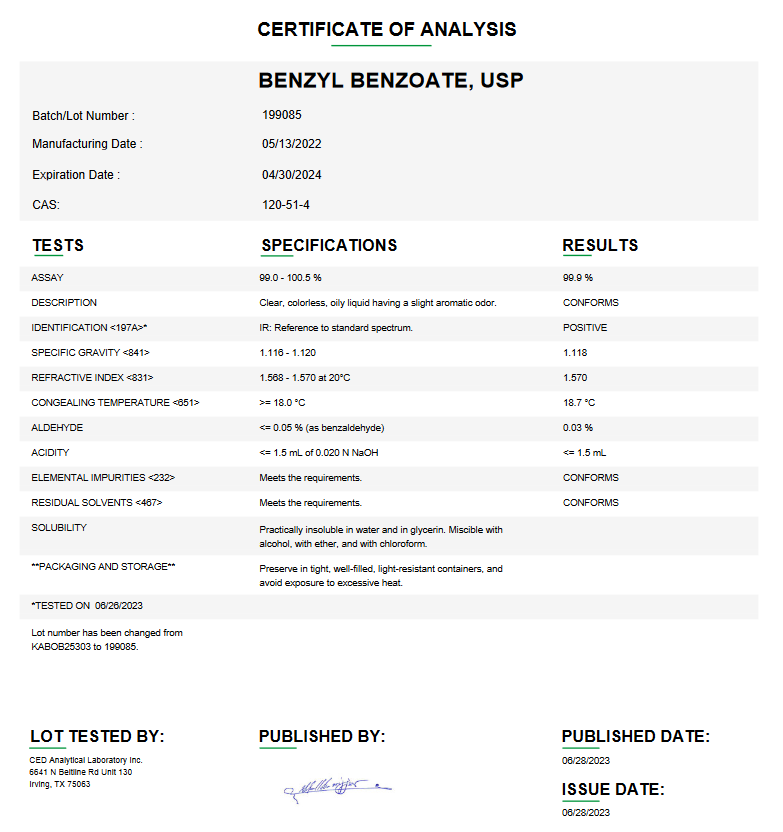Benzyl Benzoate API Liquid USP For Custom Compounding (Rx)