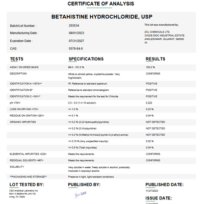 Betahistine Hydrochloride USP For Compounding (API) (Rx)