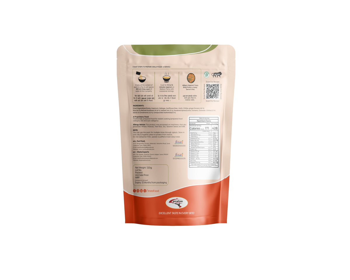 Sheta Exports Bhaji Pulav - 120 gms| After Cooking Gets 450 gms to Serve | Ready To Eat