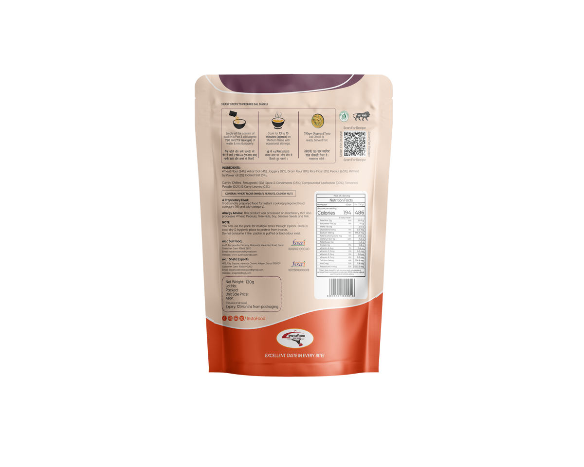 Sheta Exports Dal Dhokli – 120 gms | After Cooking Gets 750 gms to Serve | Ready To Eat