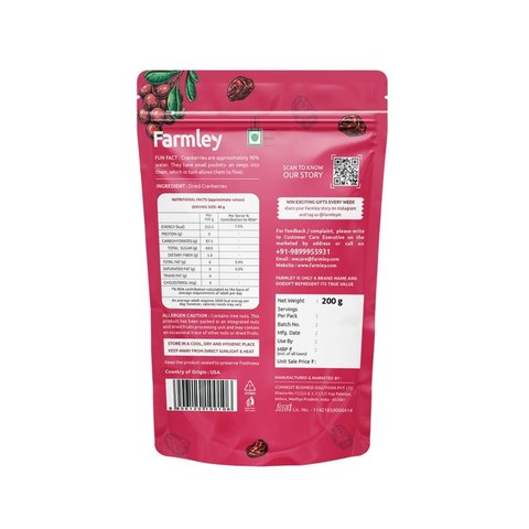 Farmley Premium Whole Dried Cranberries - 200 gms