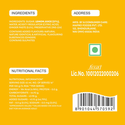 Mapro Lemon Ginger Squash - 750 ml