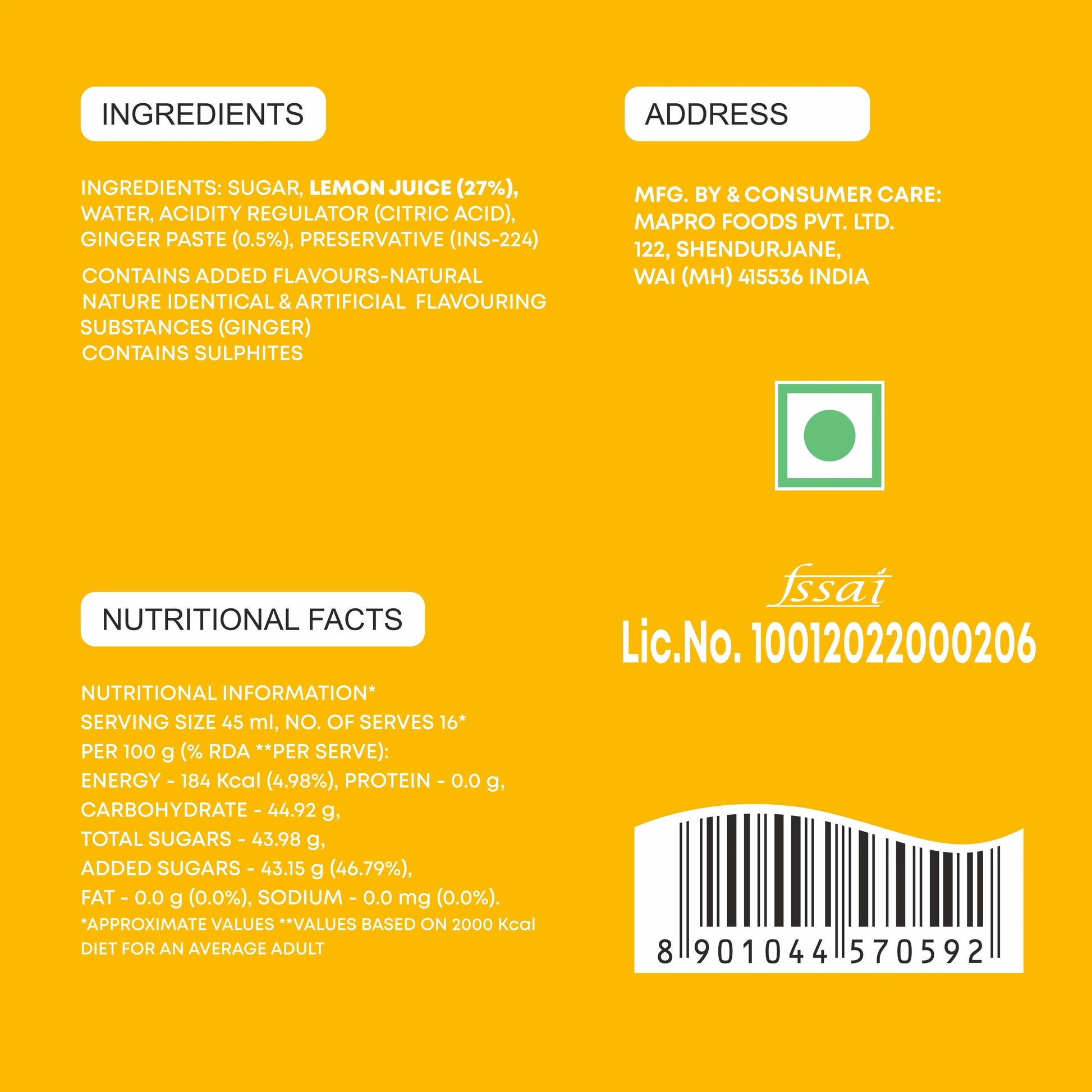 Mapro Lemon Ginger Squash - 750 ml