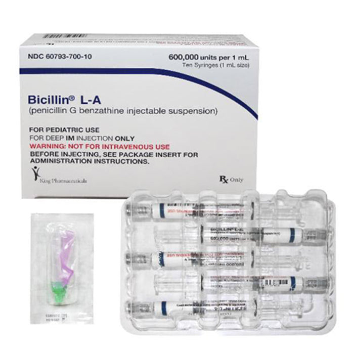 Bicillin L-A Antibiotic Penicillin G Benzathine 600 MU/mL Intramuscular Injection (Rx) Prefilled Syringe 1 mLx 10 Count **Refrigerated**