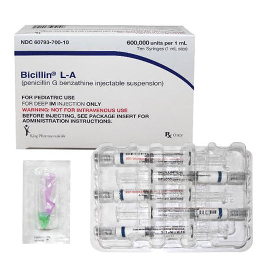 Bicillin L-A Antibiotic Penicillin G Benzathine 600 MU/mL Intramuscular Injection (Rx) Prefilled Syringe 1 mLx 10 Count **Refrigerated**