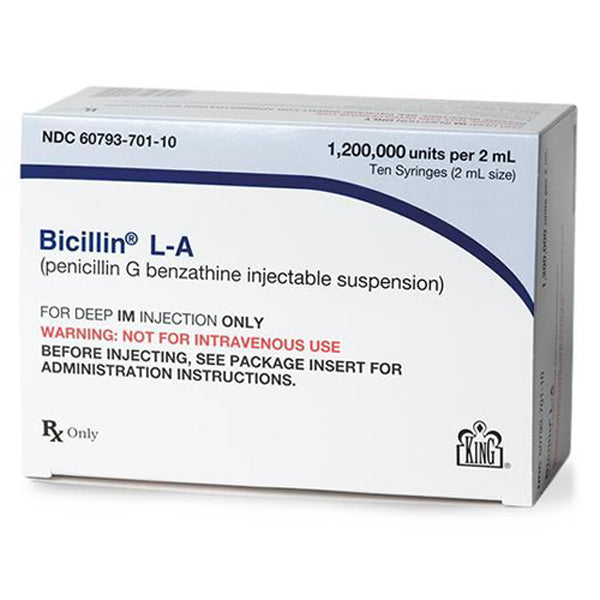 Bicillin L-A Antibiotic Penicillin G Benzathine 1200 MU/mL Intramuscular Injection (Rx) Prefilled Syringe 2 mL x 10 Count **Refrigerated**