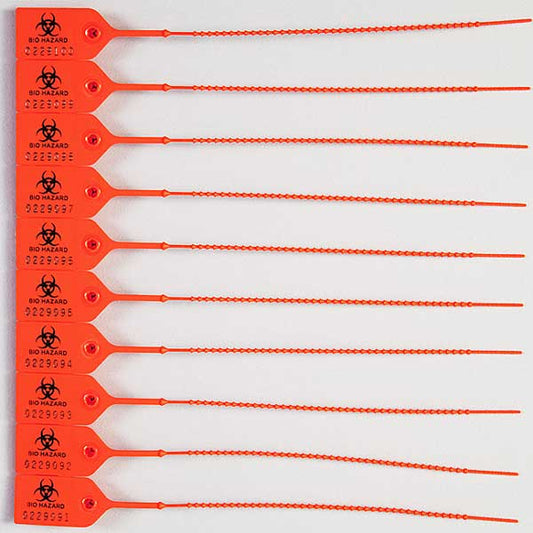 Biohazard Pull-Tight Plastic Zip-Tight Seals, Numbered, Orange