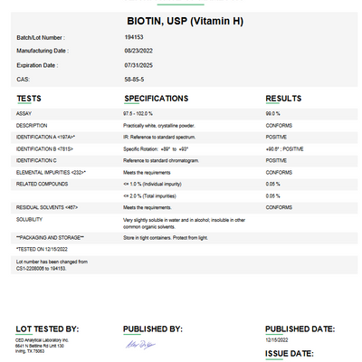 Biotin USP (Vitamin H) For Compounding (API)
