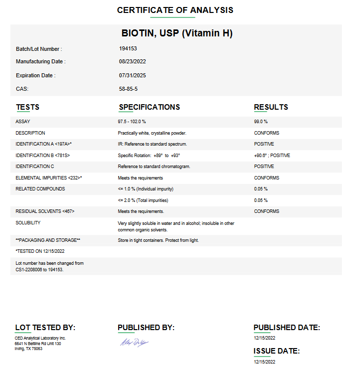Biotin USP (Vitamin H) For Compounding (API)