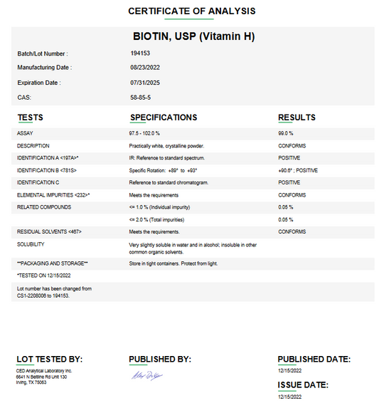 Biotin USP (Vitamin H) For Compounding (API)