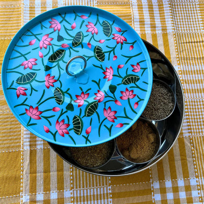 Blue Lotus Pichwai Masala box| Stainless Steel