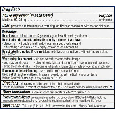 Bonine Motion Sickness Prevention Chewable Tablets, 6 Count Raspberry Flavor