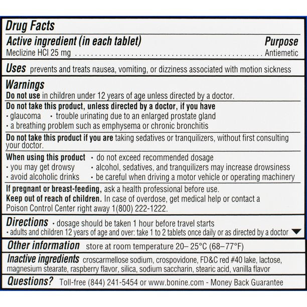 Bonine Motion Sickness Prevention Chewable Tablets, 6 Count Raspberry Flavor