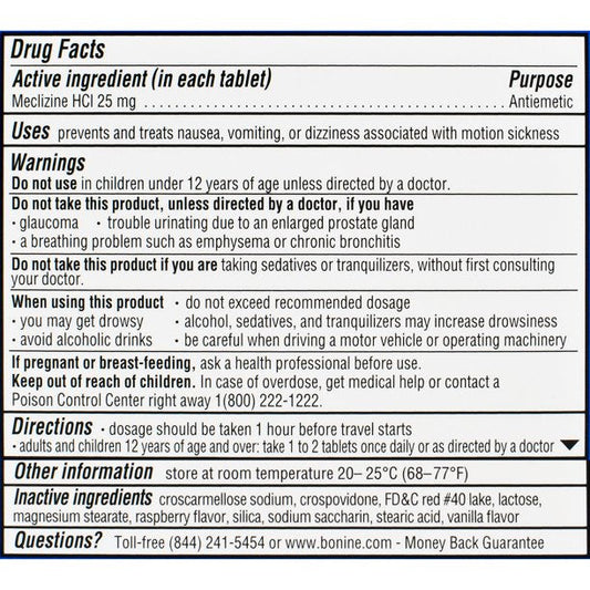 Bonine Motion Sickness Prevention Chewable Tablets, 6 Count Raspberry Flavor
