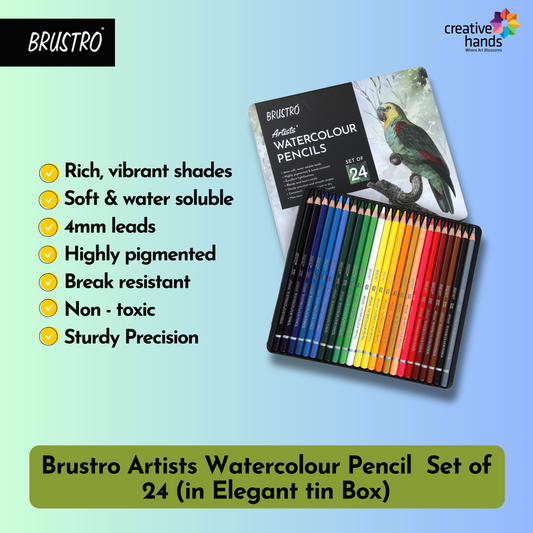 BRUSTRO Artists Watercolour Pencil |Set of 24 (in Elegant tin Box)|Ideal for Artists, Students, Drawing,Colouring,Painting on Paper, water soluble, Professional Quality, Break-resistant,Vibrant Colors