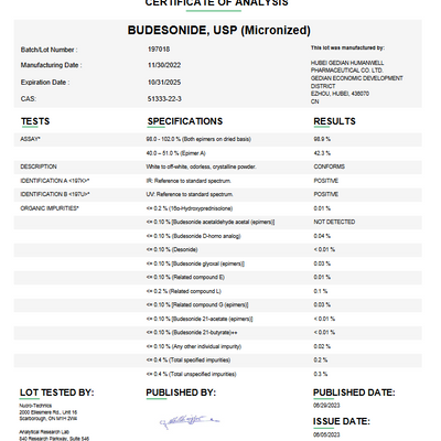 Budesonide USP (Micronized) For Compounding (API) (Rx)