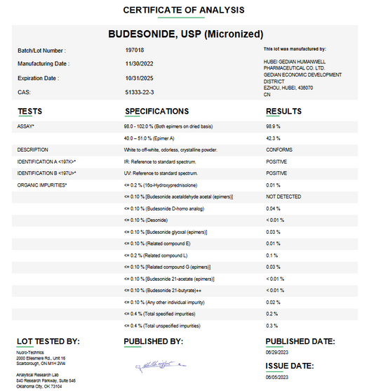 Budesonide USP (Micronized) For Compounding (API) (Rx)