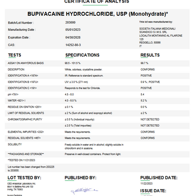 Bupivacaine Hydrochloride Monohydrate API Powder For Compounding (Rx)