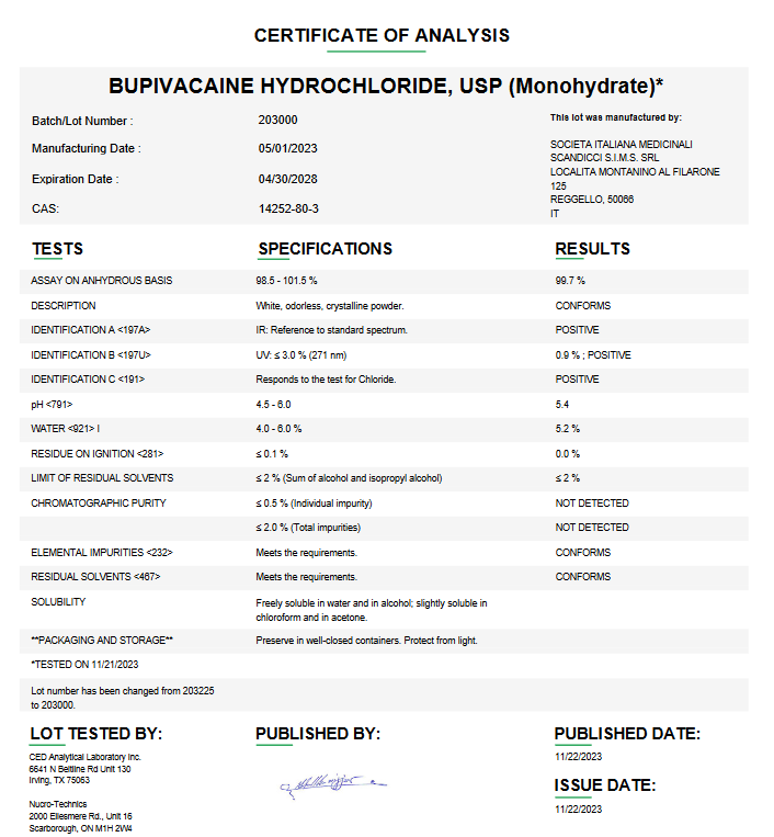 Bupivacaine Hydrochloride Monohydrate API Powder For Compounding (Rx)