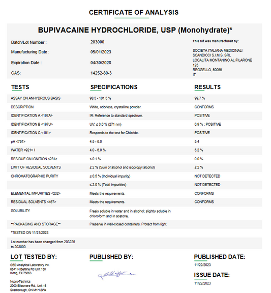 Bupivacaine Hydrochloride Monohydrate API Powder For Compounding (Rx)
