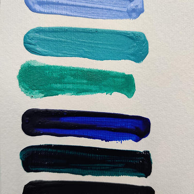 Brustro Professional Artists Fluid Acrylic 20 ml Beyond The Blues Set of 6 (Turquoise, Ultramarine Blue, Zirconian Blue Hue, Paynes Grey, Aqua Green Light, Azure Blue) with Pouring Medium 200 ml