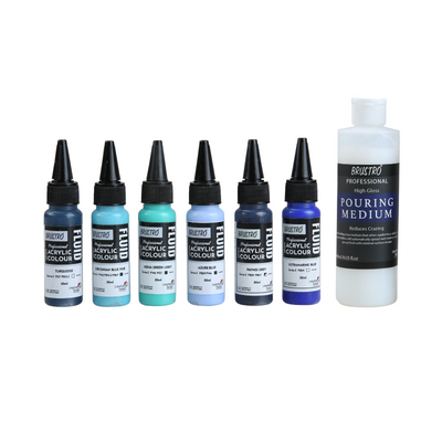 Brustro Professional Artists Fluid Acrylic 20 ml Beyond The Blues Set of 6 (Turquoise, Ultramarine Blue, Zirconian Blue Hue, Paynes Grey, Aqua Green Light, Azure Blue) with Pouring Medium 200 ml