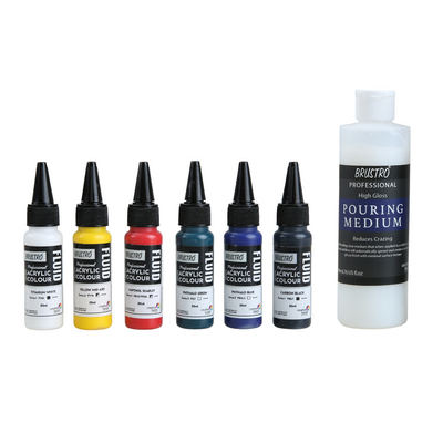 Brustro Professional Artists ’ Fluid Acrylic 20 ml Pack of 5 + 1 Free (Titanium White, Yellow Mid AZO, Napthol Scarlet, Phthalo Blue, Phthalo Green and Carbon Black) with Pouring Medium 200 ml