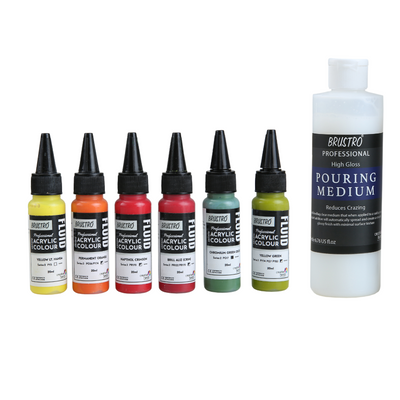 Brustro Professional Artists ’ Fluid Acrylic 20 ml Tropical Paradise Set of 6 (Yellow LightHansa,Chromium Green Oxide,Yellow Green,Brill Aliz,Napthol Crimson,Perm Orange) with Pouring Medium 200 ml