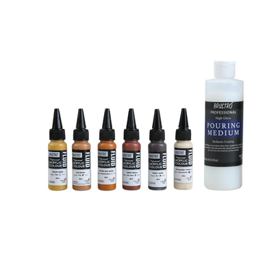 Brustro Professional Artists Fluid Acrylic 20 ml Down to Earth Set of 6 (Burnt Sienna, Burnt Umber, Yellow Oxide, Raw Sienna, Unbleached Titanium, Golden Raw Sienna) with Pouring Medium 200 ml