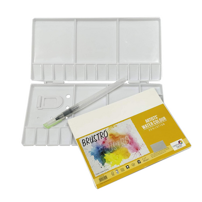 Brustro Folding Box 33 Well Plastic Palette 26x13 cm with Brustro Aqua Squeeze Brush Small and Brustro Watercolour Paper 200 GSM, 5" X 7"