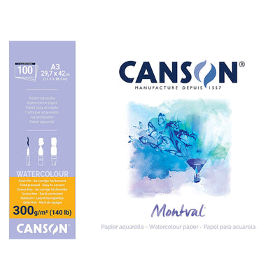 Canson Montval A3 Natural White Cold Pressed 300 Gsm Watercolour Paper- Long Side Glued (Pad Of 100 Sheets)