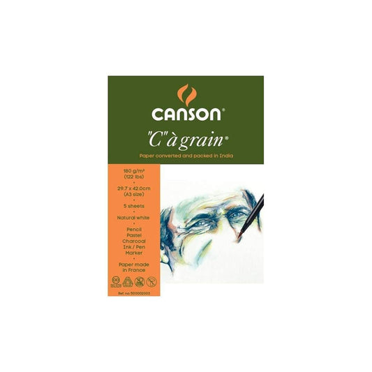 Canson C Grain Drawing 180 Gsm Fine Grain A3 Paper Sheets (Natural White- 5 Sheets)