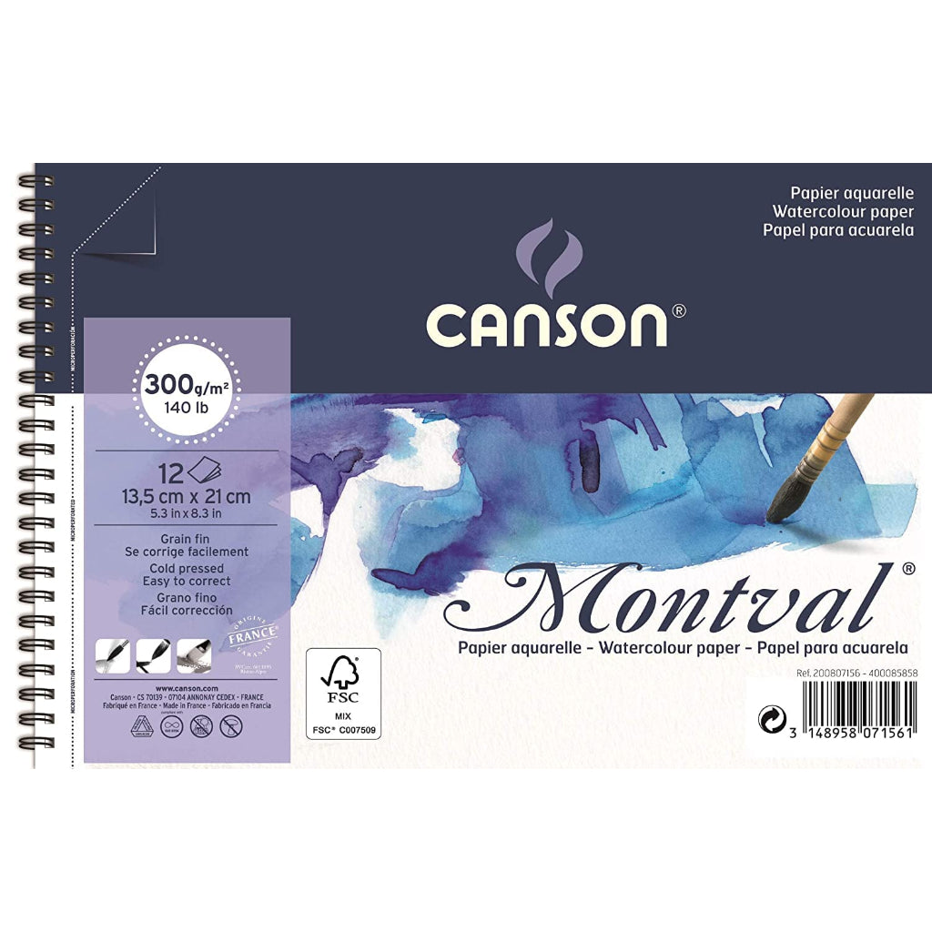 Canson Montval Watercolour 300 Gsm Cold Pressed 13.5 X 21 cm Paper Spiral Pad (White- 12 Sheets)
